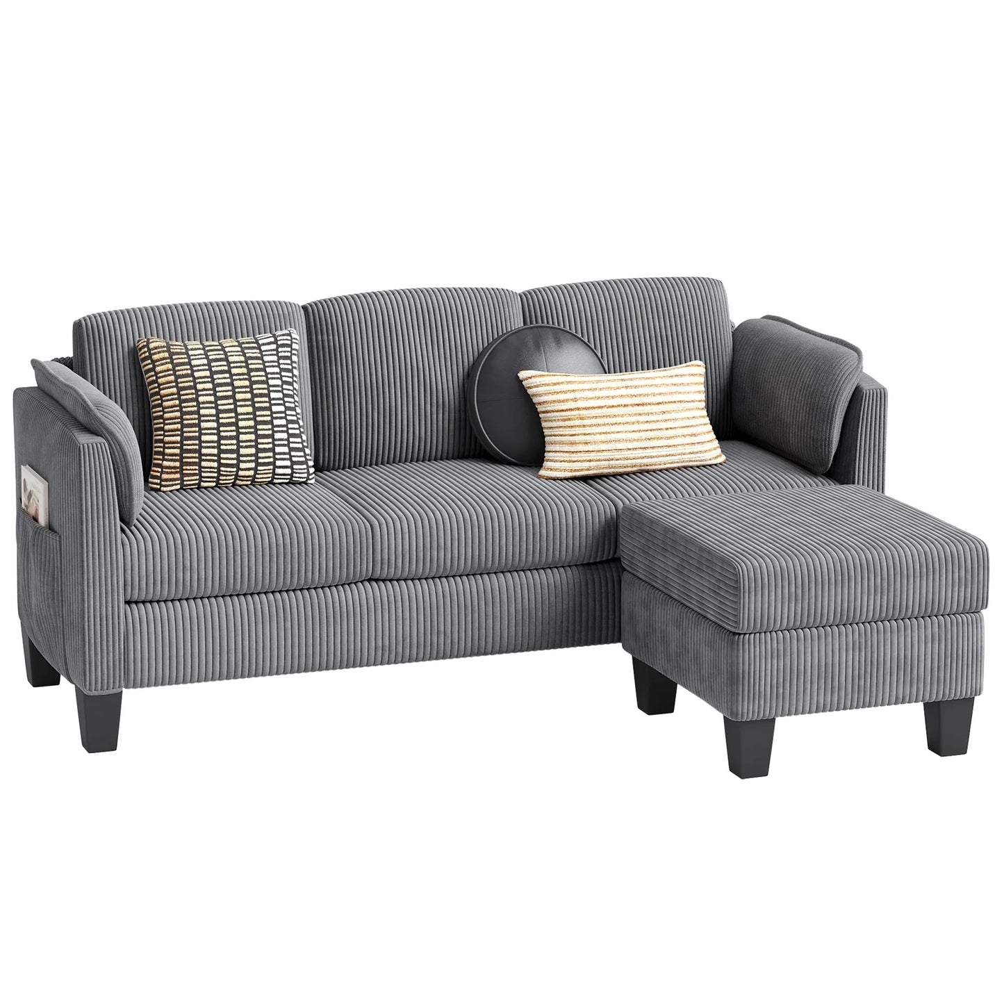 Corduroy Sectional Sofa Couches for Living Room, L-Shaped Modular Small Couch Convertible 3 Seater Sofa with Ottaman Storage,Gray