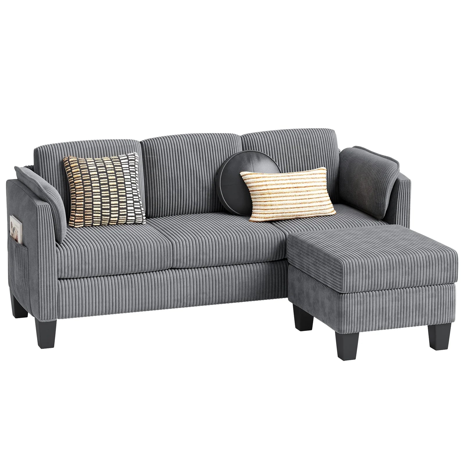 Corduroy Sectional Sofa Couches for Living Room, L-Shaped Modular Small Couch Convertible 3 Seater Sofa with Ottaman Storage,Gray