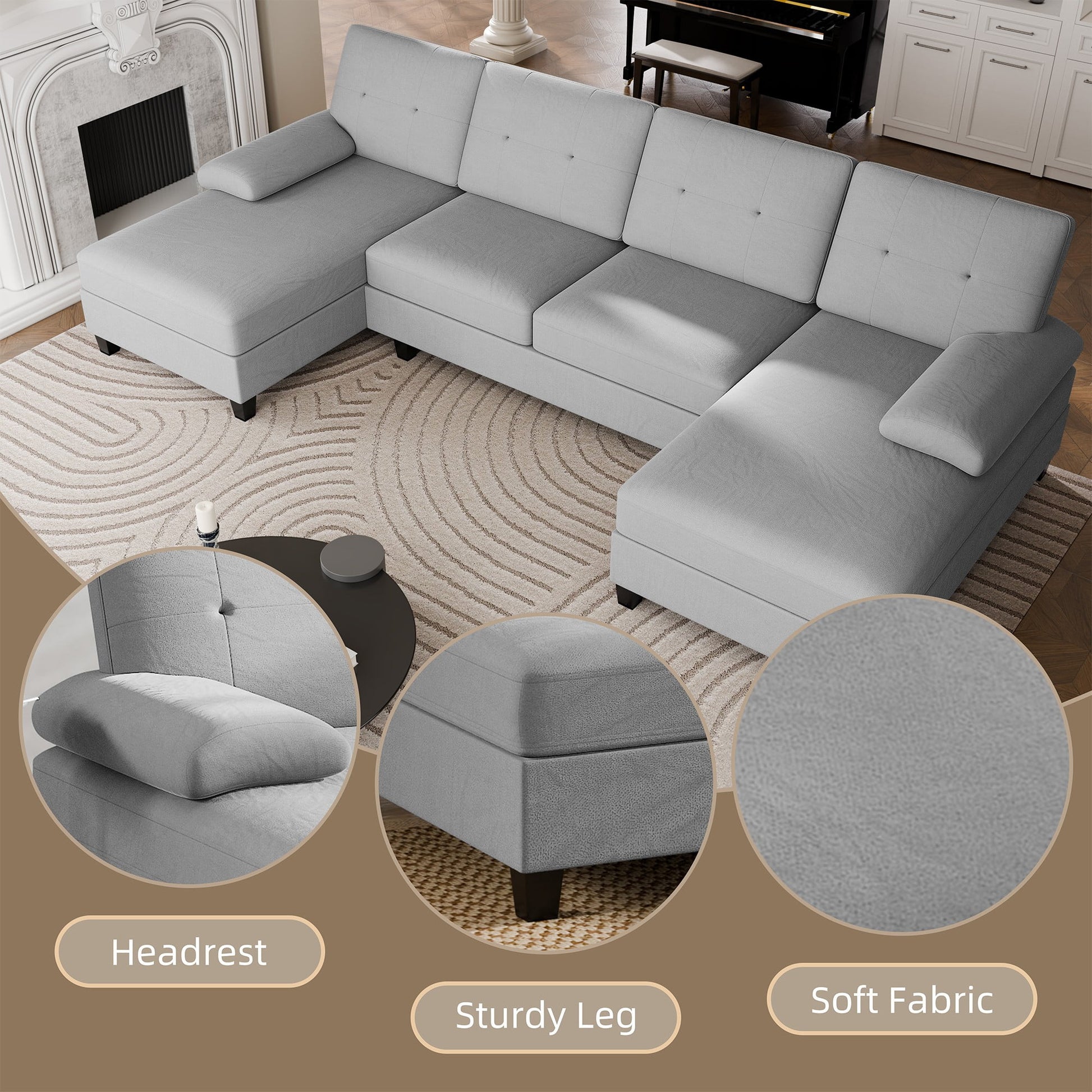 Modern U-Shape Sectional Sofa for Living Room, Chenille Fabric Modular Couch, 4 Seat Oversized Sofa with Chaise for Apartment,White