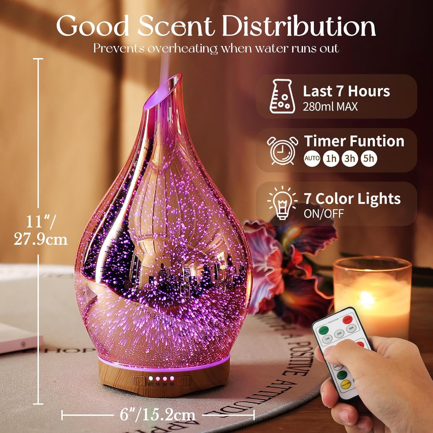 280ML Essential Oil Diffuser, Aroma Ultrasonic Humidifier with Remote Control, BPA Free, Auto Shut-Off, Timer Setting