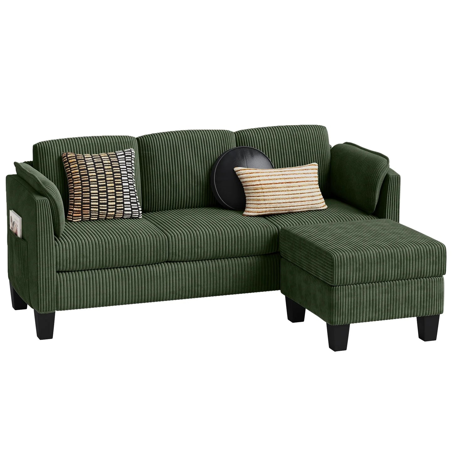 L-Shaped Sectional Couches for Living Room Furniture Sets,Modular Sectional Sofa with Ottaman Storage,High-Rebound Foam with Corduroy Fabric,Green