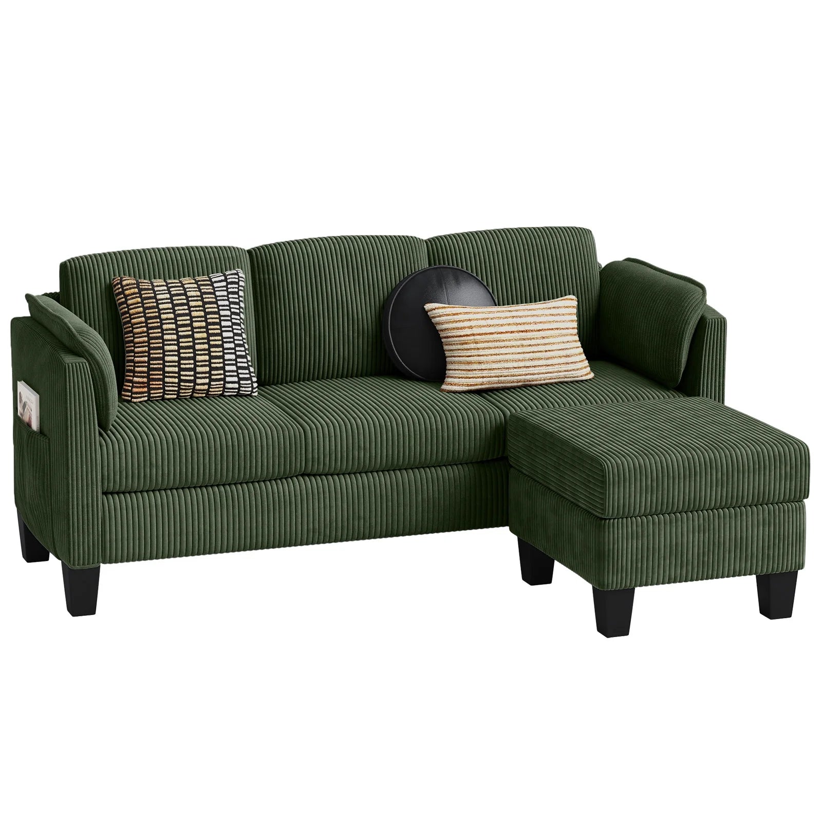 L-Shaped Sectional Couches for Living Room Furniture Sets,Modular Sectional Sofa with Ottaman Storage,High-Rebound Foam with Corduroy Fabric,Green