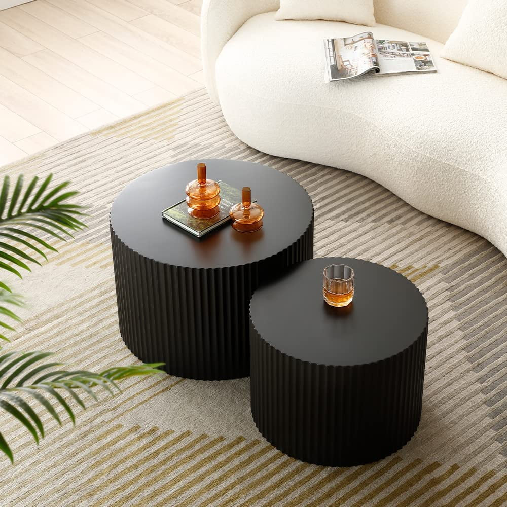 round Nesting Coffee Table Set of 2, Modern Wooden End Table for Living Room, Apartment, No Need Assembly, Black