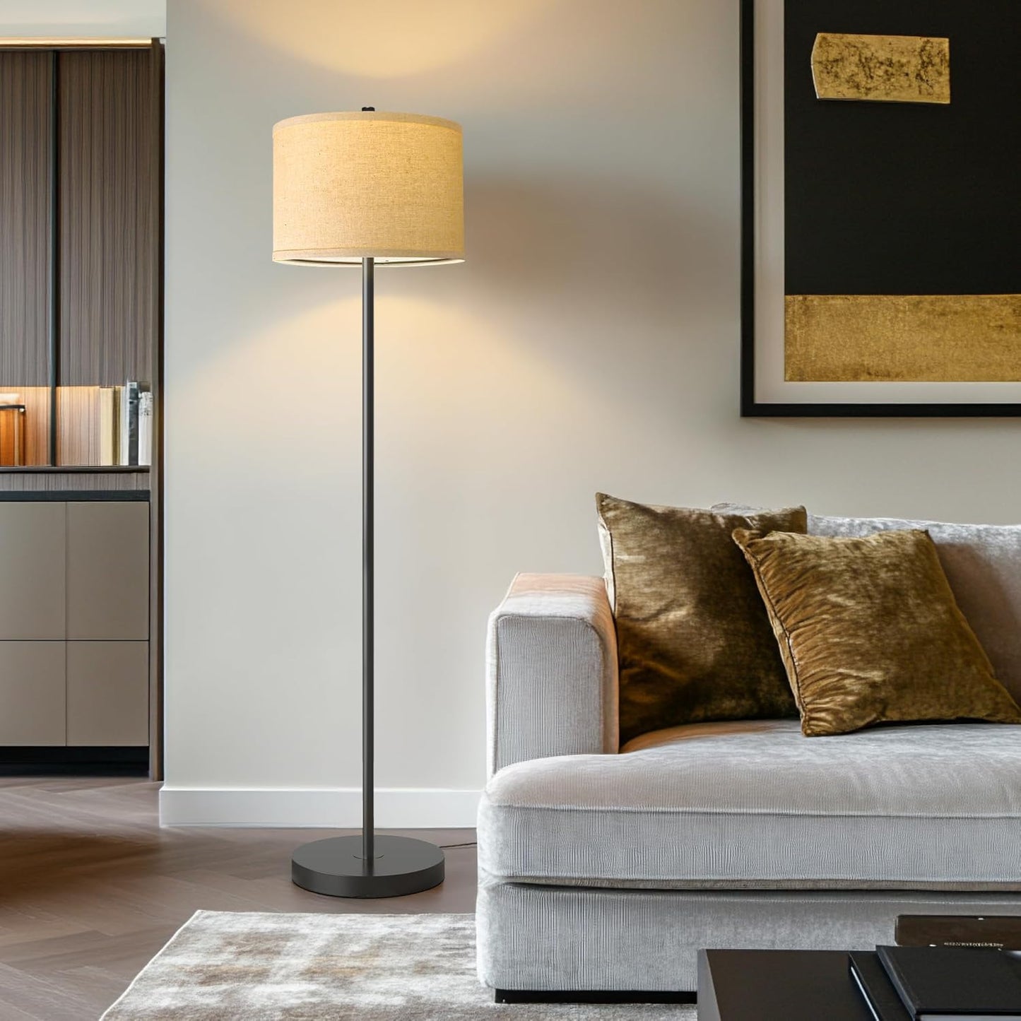 61" Farmhouse Industrial Floor Lamp for Living Room Standing Floor Lamp Rustic Floor Lamps for Living Room Bedroom Tall Lamps with Rotary Switch for Bedroom with Natural Linen Lamp Shade