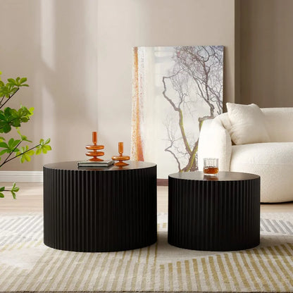 round Nesting Coffee Table Set of 2, Modern Wooden End Table for Living Room, Apartment, No Need Assembly, Black
