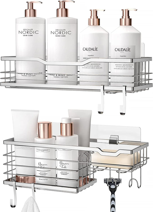 Self Adhesive Shower Shelves, 2 Pack Shower Caddy with 4 Hooks and Soap Holder, Rustproof Stainless Steel Shower Organizer