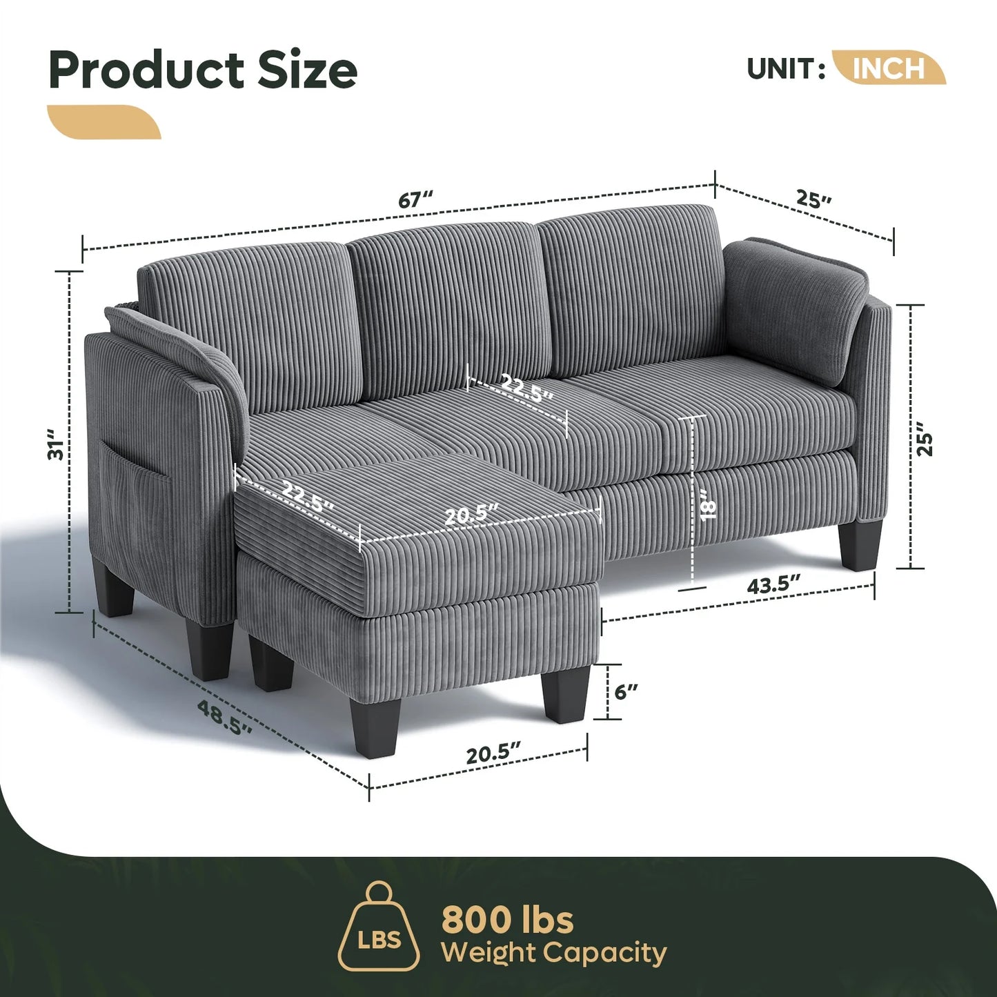 Corduroy Sectional Sofa Couches for Living Room, L-Shaped Modular Small Couch Convertible 3 Seater Sofa with Ottaman Storage,Gray