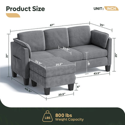 Corduroy Sectional Sofa Couches for Living Room, L-Shaped Modular Small Couch Convertible 3 Seater Sofa with Ottaman Storage,Gray