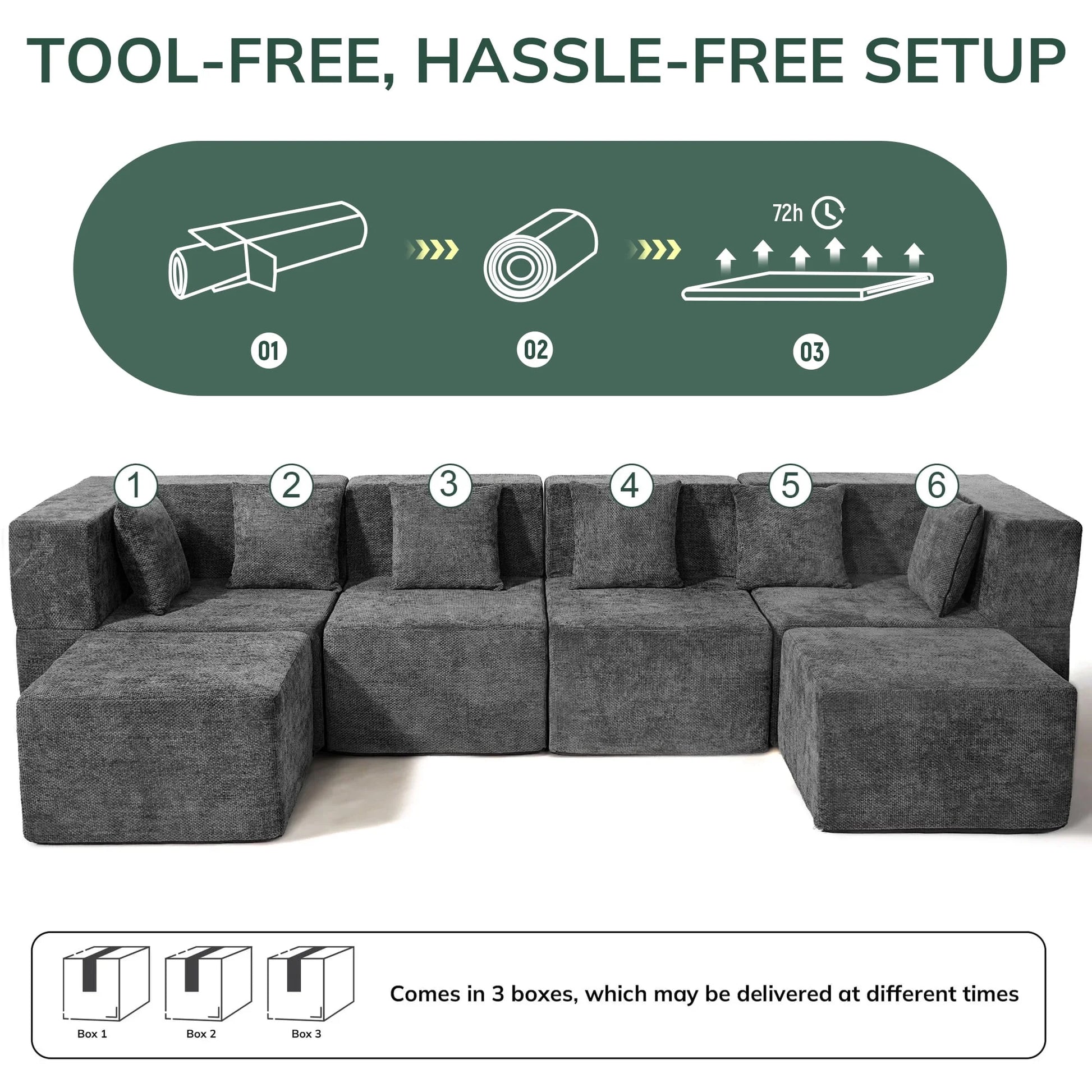 130" Oversized Modular Sectional Sofa for Living Room Furniture, Chenille Cloud Couch with Ottomans, Dark Gray