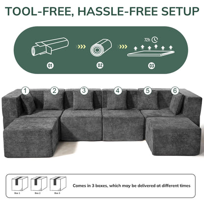 130" Oversized Modular Sectional Sofa for Living Room Furniture, Chenille Cloud Couch with Ottomans, Dark Gray