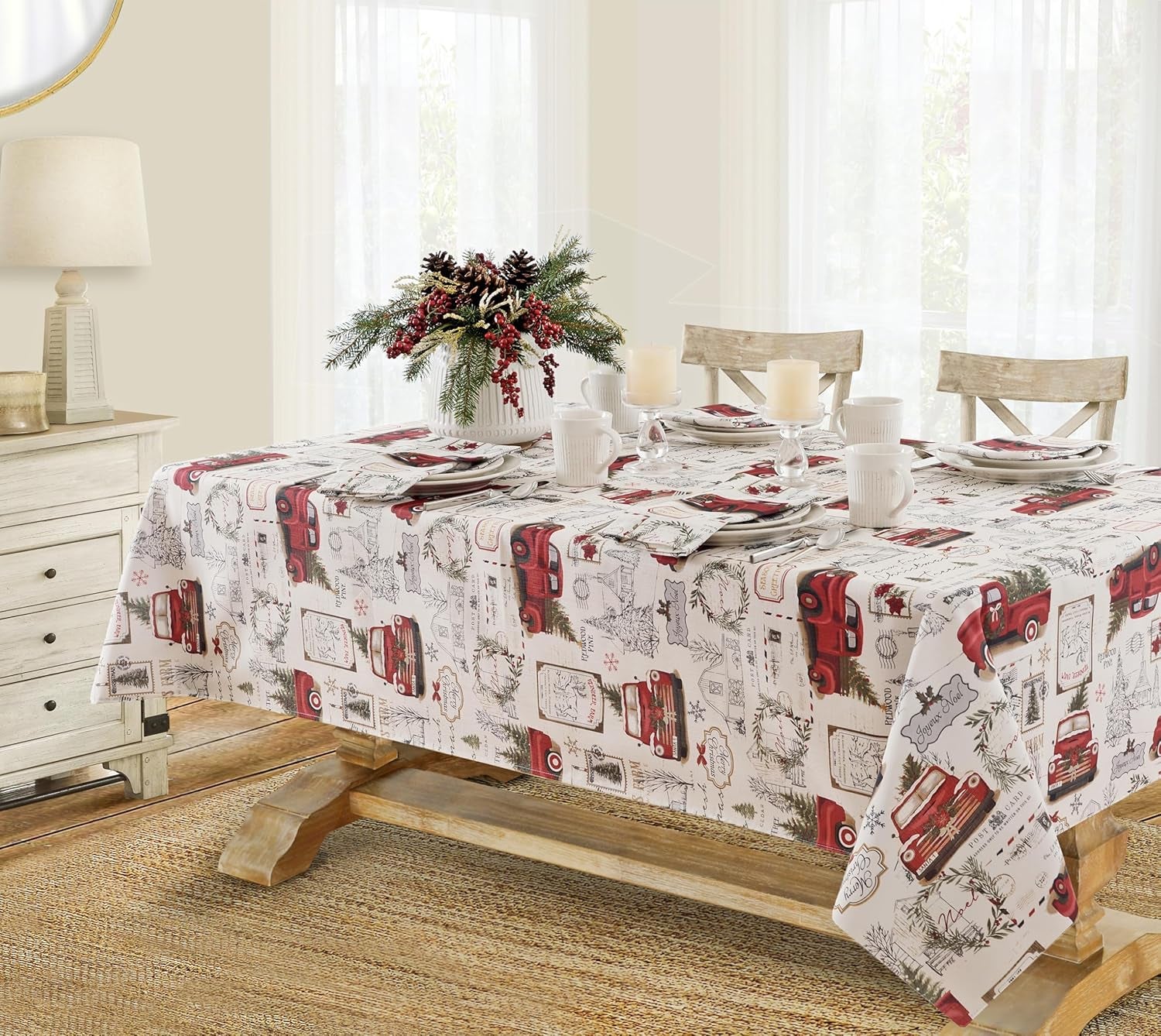 Christmas Pine Hill Tree Farm 52 X 70 Inch Rectangle Fabric Tablecloth, Nostalgic Retro Holiday Country Farm Truck No Iron and Stain Resistant Table Cover for Party, Banquet and Buffet