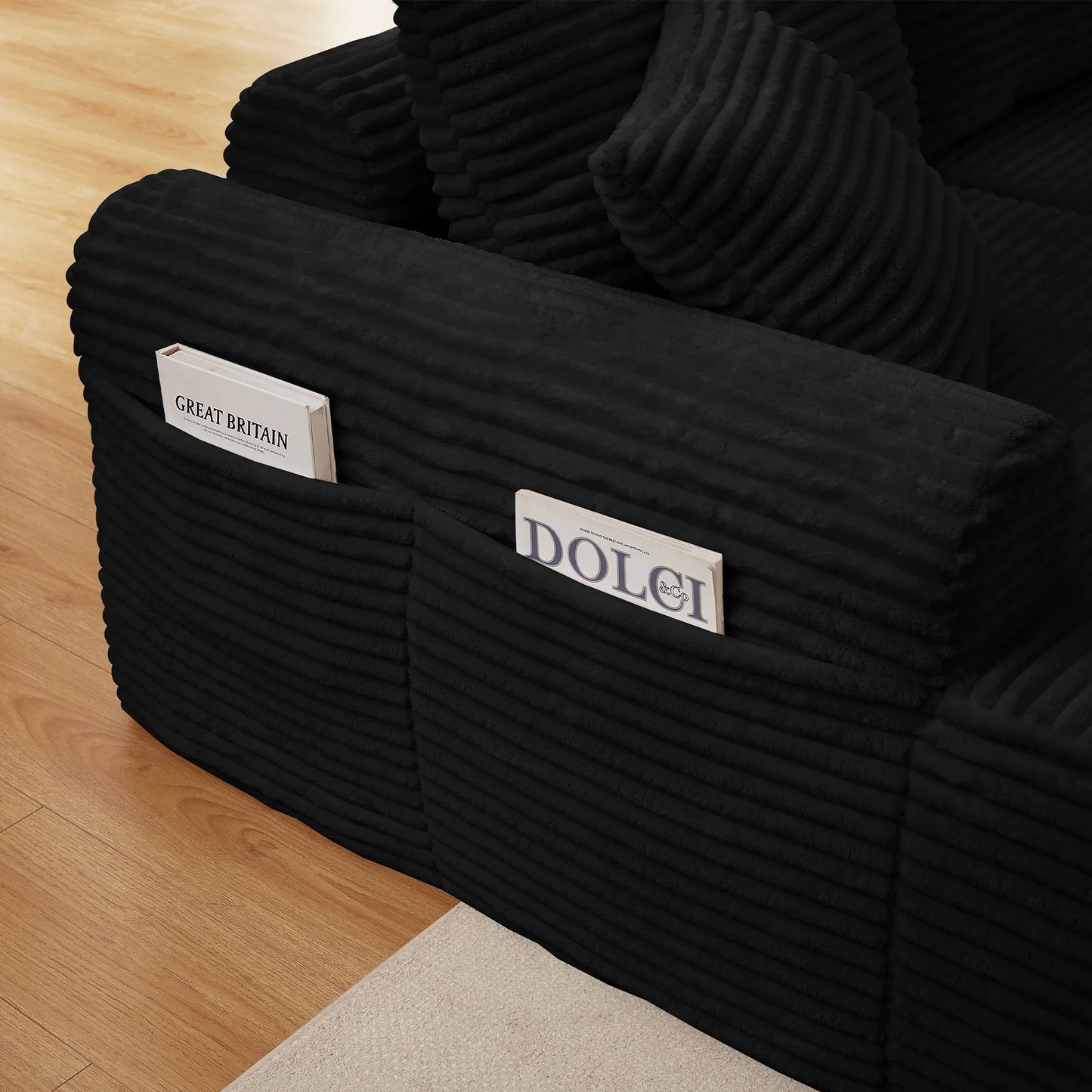 103" Modern Sectional Sofa,No Assemble Corduroy Fabric Cloud Couch Set with 3 Back Cushions & 2 Throw Pillows, Full-Compression Chaise Lounge Set for Apartment, Living Room,Black