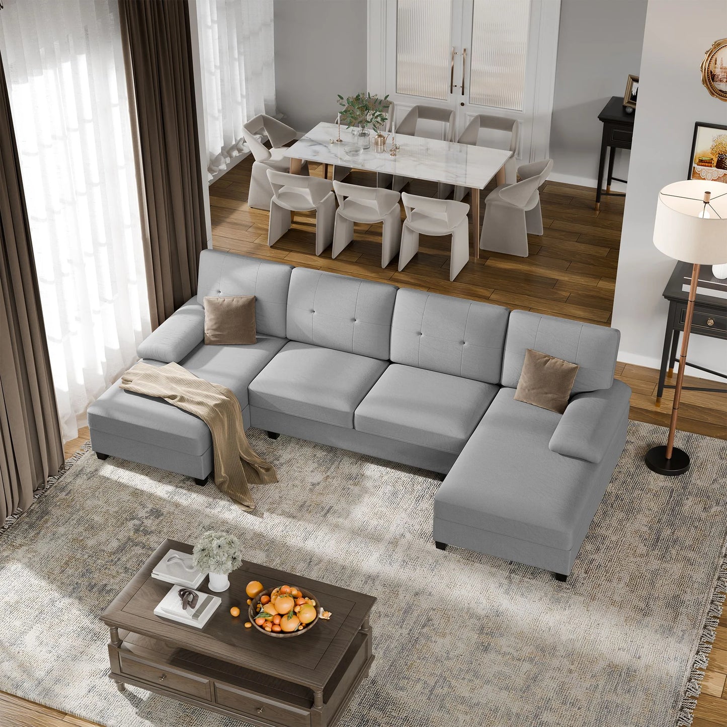 Modern U-Shape Sectional Sofa for Living Room, Chenille Fabric Modular Couch, 4 Seat Oversized Sofa with Chaise for Apartment,White